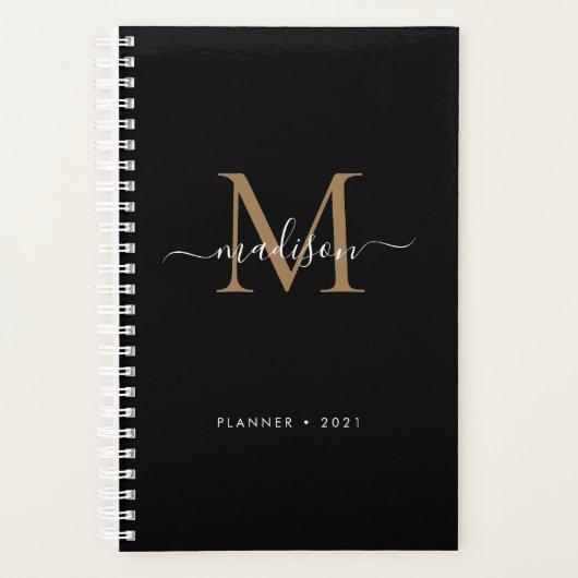 Elegant zwart goud Girly Monogram Script Naam 2021 Planner (Voorkant)