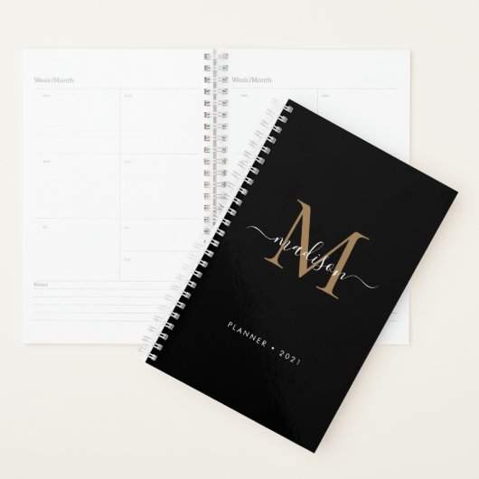 Elegant zwart goud Girly Monogram Script Naam 2021 Planner (Display)