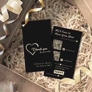 Elegant Zwart & Goud Glanzend Hart QR Code Dank u Visitekaartje