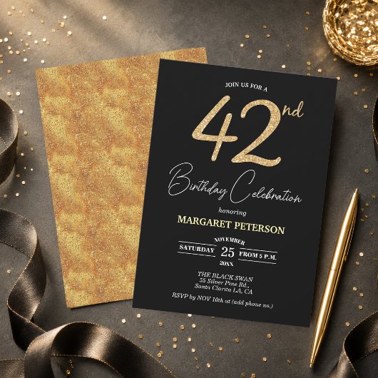 Elegant Zwart Goud Glitter 42e Verjaardagsfeest Kaart