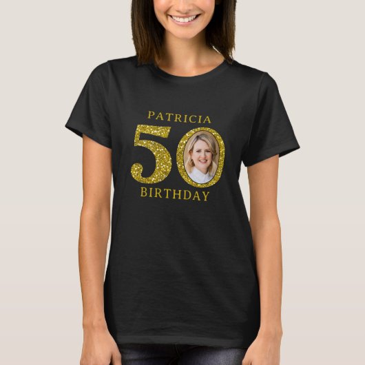 Elegant Zwart Goud Glitter 50e Verjaardag Foto T-shirt (Voorkant)