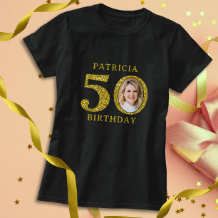 Elegant Zwart Goud Glitter 50e Verjaardag Foto T-shirt