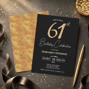 Elegant Zwart Goud Glitter 61e Verjaardagsfeest Kaart