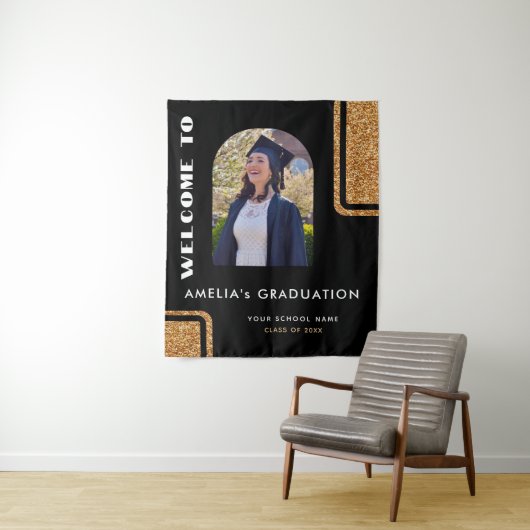 Elegant Zwart Goud Glitter Afstuderen Foto Welkom Wandkleed (In situ)