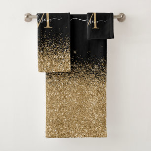 Elegant zwart goud glitter border monogram script bad handdoek