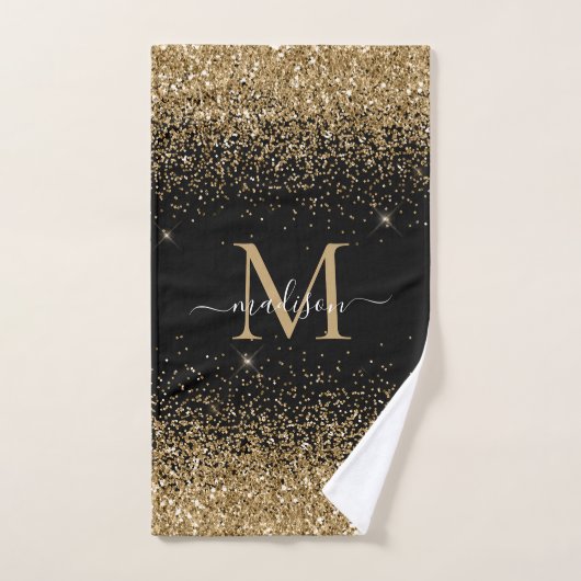 Elegant zwart goud glitter border monogram script bad handdoek (Handdoek)