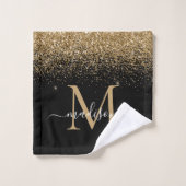 Elegant zwart goud glitter border monogram script bad handdoek (Wasdoekje)