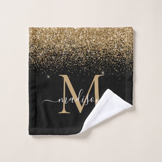 Elegant zwart goud glitter border monogram script bad handdoek (Wasdoekje)