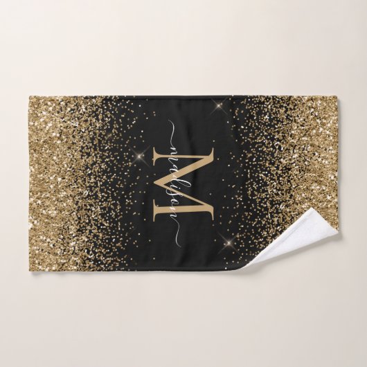Elegant zwart goud glitter border monogram script bad handdoek (Handdoek)