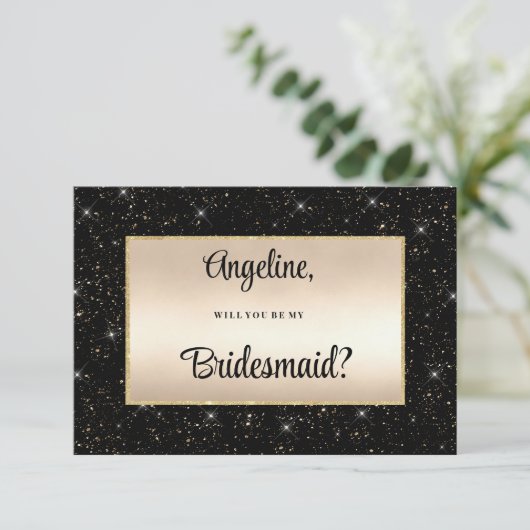 Elegant zwart goud glitter confetti bruidsmeisje kaart (Staand voorkant)