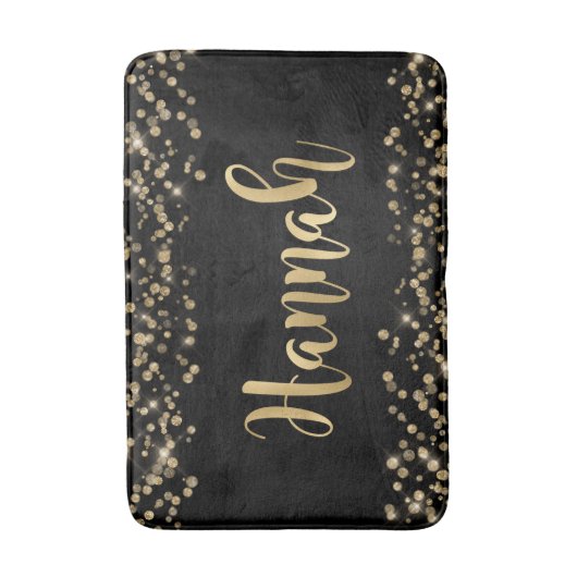 Elegant Zwart Goud Glitter Confetti Gouden Naam Badmat (Voorkant Verticaal)
