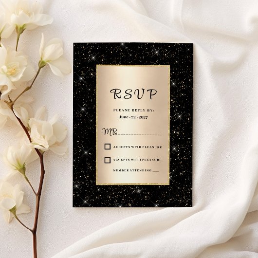 Elegant zwart goud glitter confetti RSVP Kaart