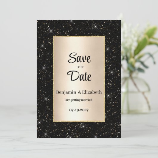 Elegant zwart goud glitter confetti Save the Date Kaart (Staand voorkant)