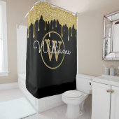 Elegant zwart goud glitter druppels monogram schri douchegordijn (In situ)