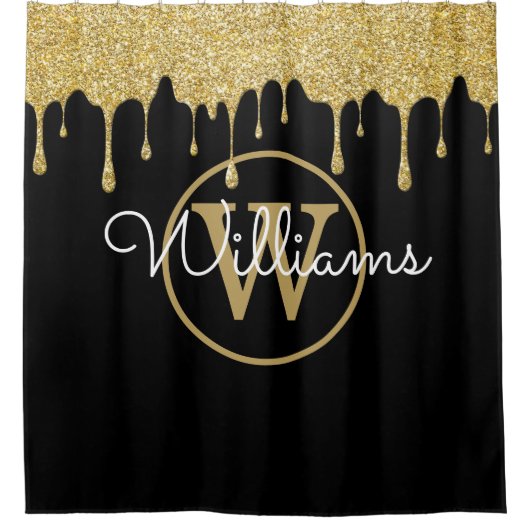 Elegant zwart goud glitter druppels monogram schri douchegordijn (Voorkant)