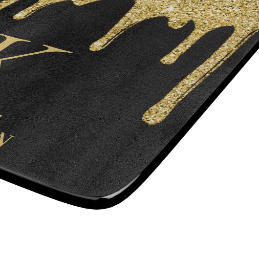 Elegant zwart goud glitter druppels monogram snijplank (Hoek)