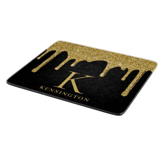 Elegant zwart goud glitter druppels monogram snijplank (Hoek)