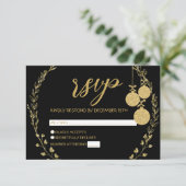 Elegant Zwart Goud Glitter Krans Kerstfeest RSVP Kaartje (Staand voorkant)