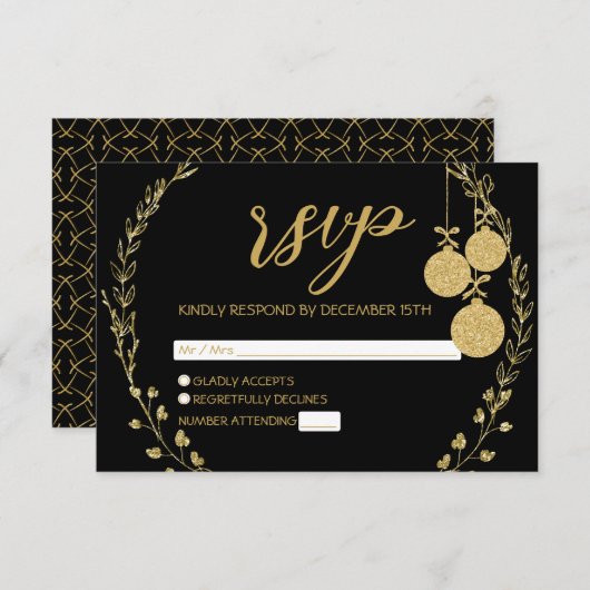 Elegant Zwart Goud Glitter Krans Kerstfeest RSVP Kaartje (Voorkant / Achterkant)