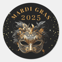 Elegant Zwart Goud Glitter Mardi Gras 2025 Ronde Sticker