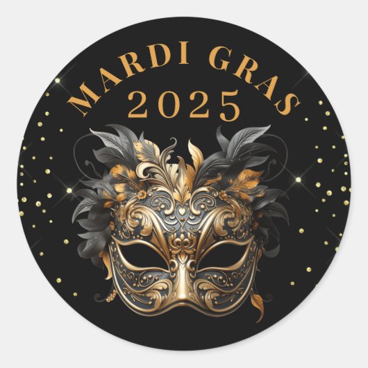 Elegant Zwart Goud Glitter Mardi Gras 2025 Ronde Sticker (Voorkant)