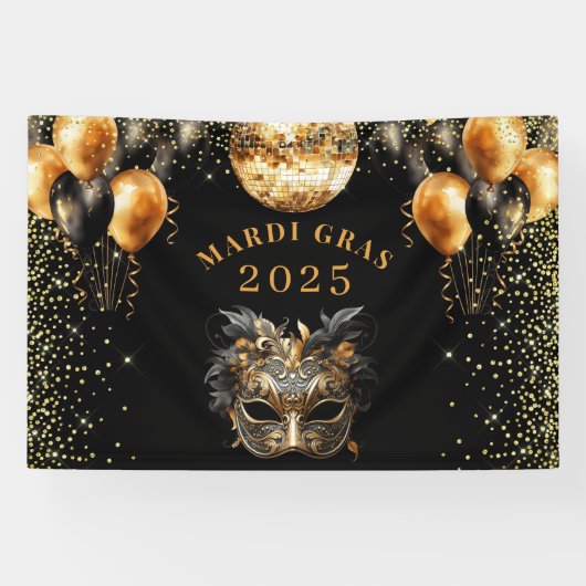 Elegant Zwart Goud Glitter Mardi Gras 2025 Spandoek (Horizontaal)