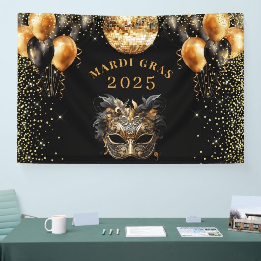 Elegant Zwart Goud Glitter Mardi Gras 2025 Spandoek (Beurs)