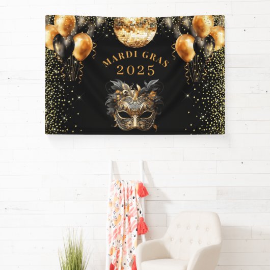 Elegant Zwart Goud Glitter Mardi Gras 2025 Spandoek (Insitu)