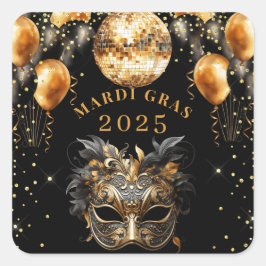 Elegant Zwart Goud Glitter Mardi Gras 2025 Vierkante Sticker