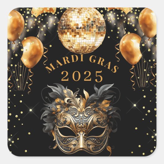 Elegant Zwart Goud Glitter Mardi Gras 2025 Vierkante Sticker (Voorkant)