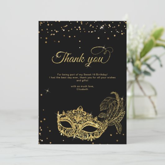 Elegant Zwart Goud Glitter Masquerade Bedankt (Staand voorkant)