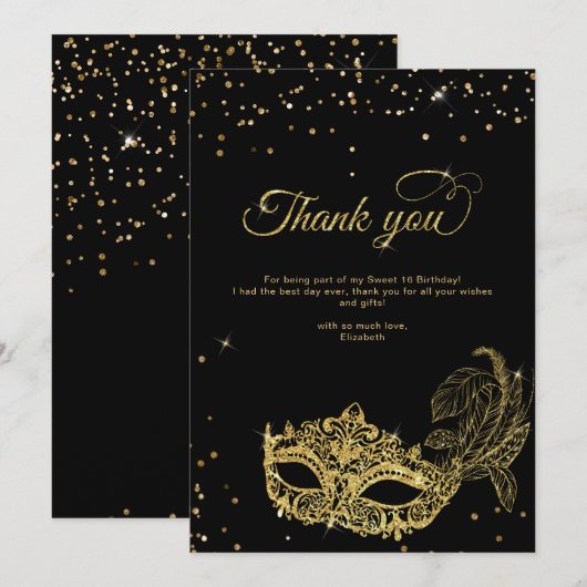 Elegant Zwart Goud Glitter Masquerade Bedankt (Voorkant / Achterkant)
