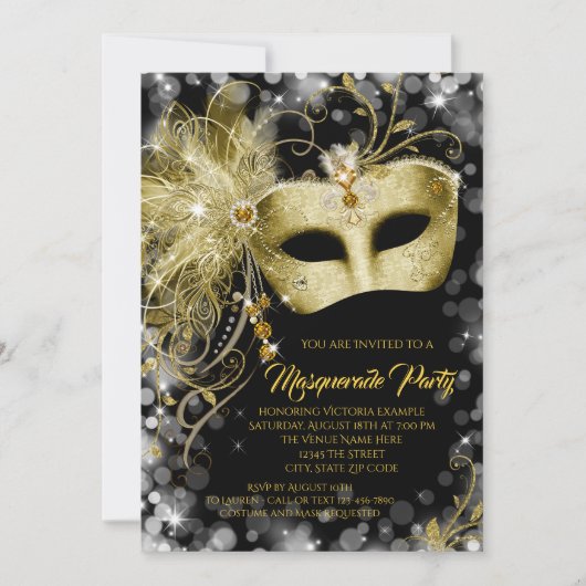 Elegant Zwart Goud Glitter Masquerade Party Kaart (Voorkant)