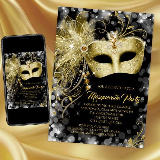 Elegant Zwart Goud Glitter Masquerade Party Kaart