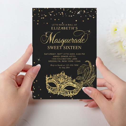 Elegant Zwart Goud Glitter Masquerade Sweet 16 Kaart