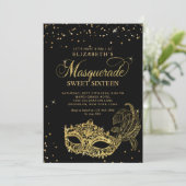 Elegant Zwart Goud Glitter Masquerade Sweet 16 Kaart (Staand voorkant)
