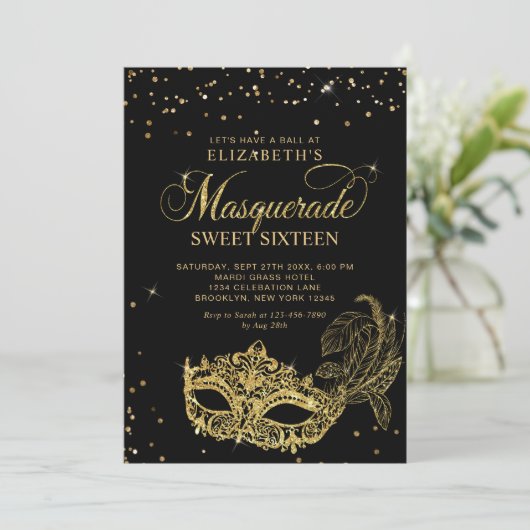 Elegant Zwart Goud Glitter Masquerade Sweet 16 Kaart (Staand voorkant)
