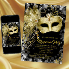 Elegant zwart goud glitter masqueradefeest kaart
