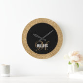 Elegant zwart goud glitter monogram grote klok (Huis)