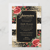 Elegant Zwart Goud Glitter Rood Bloemen Quinceañer Kaart (Voorkant)