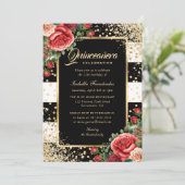 Elegant Zwart Goud Glitter Rood Bloemen Quinceañer Kaart (Staand voorkant)