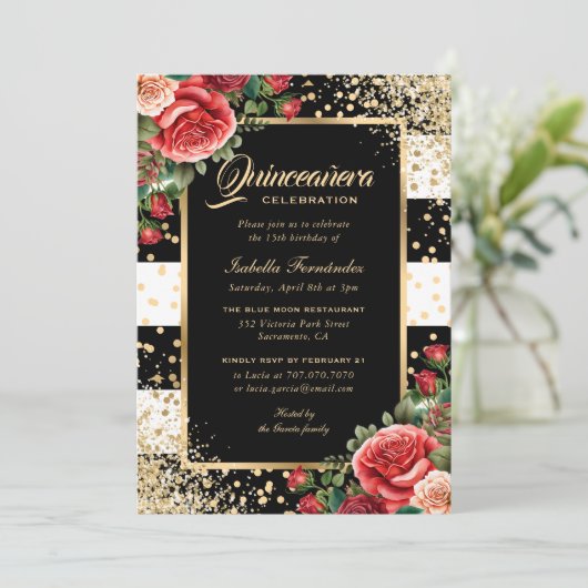 Elegant Zwart Goud Glitter Rood Bloemen Quinceañer Kaart (Staand voorkant)