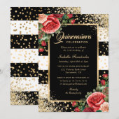 Elegant Zwart Goud Glitter Rood Bloemen Quinceañer Kaart (Voorkant / Achterkant)