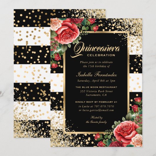 Elegant Zwart Goud Glitter Rood Bloemen Quinceañer Kaart (Voorkant / Achterkant)