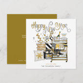 Elegant zwart goud glitter script gelukkig nieuwja feestdagenkaart (Voorkant / Achterkant)