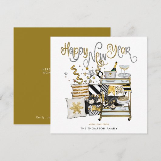 Elegant zwart goud glitter script gelukkig nieuwja feestdagenkaart (Voorkant / Achterkant)