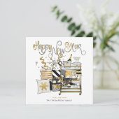 Elegant zwart goud glitter script gelukkig nieuwja feestdagenkaart (Staand voorkant)