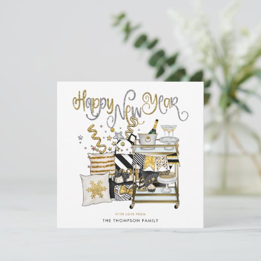 Elegant zwart goud glitter script gelukkig nieuwja feestdagenkaart (Staand voorkant)