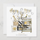 Elegant zwart goud glitter script gelukkig nieuwja feestdagenkaart (Voorkant)