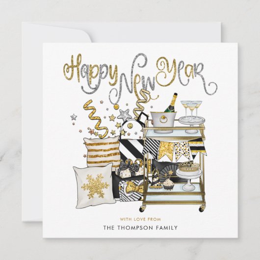 Elegant zwart goud glitter script gelukkig nieuwja feestdagenkaart (Voorkant)